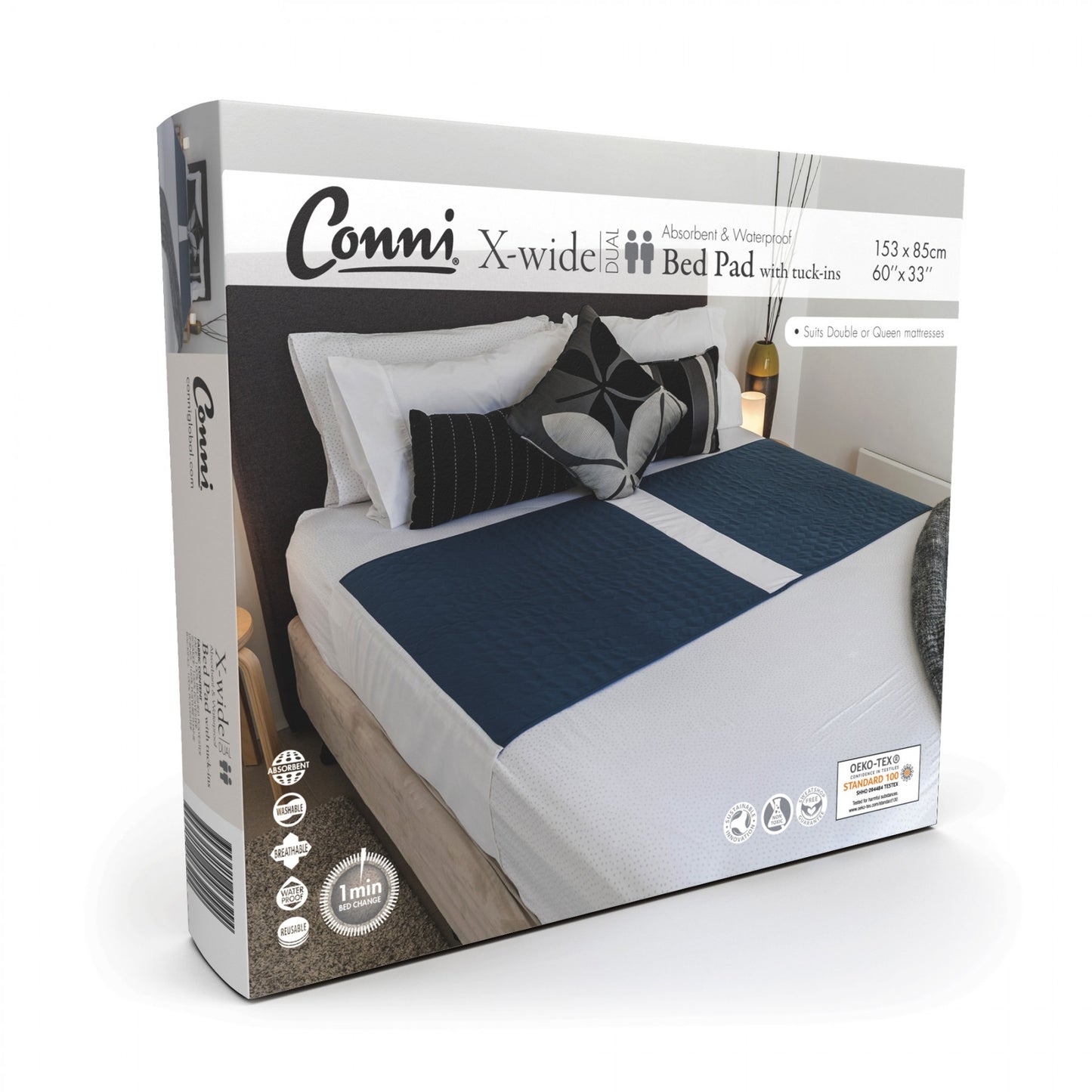 Conni X-wide Dual Reusable Bed Pad with Tuck-ins - Teal Blue